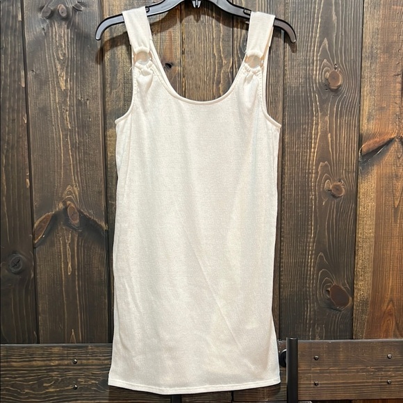 Anthropologie Green Envelope Mini Dress S Jumper Gold Ring Beige Stretch Boho - Picture 1 of 10